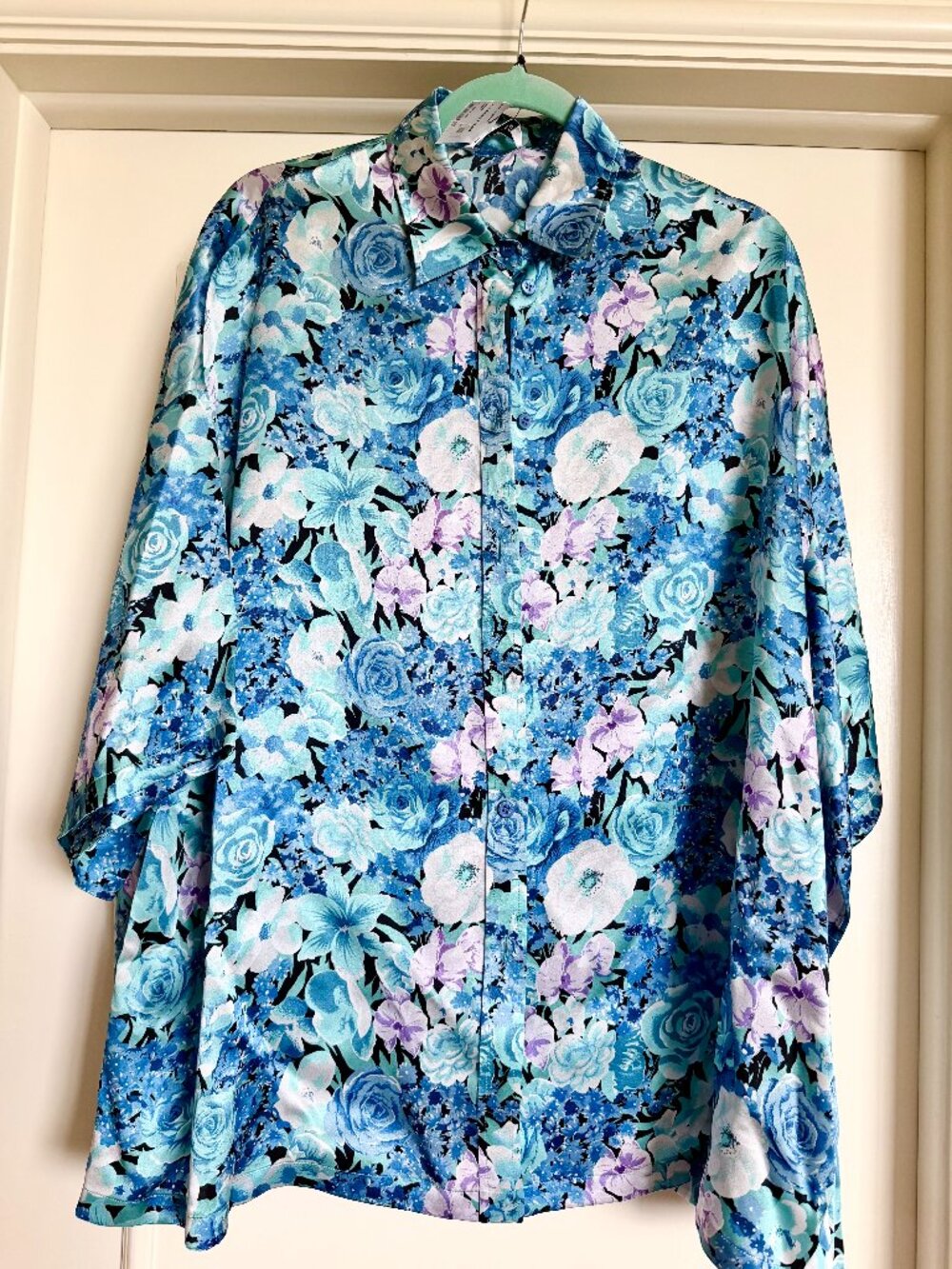 Balenciaga $1650 Blue Floral Silk Satin Collared Button-Up Blouse Size 38
